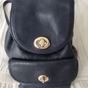 Coach Mini Turnlock Rucksack in Navy Polished Pebble Leather With Gold Accents